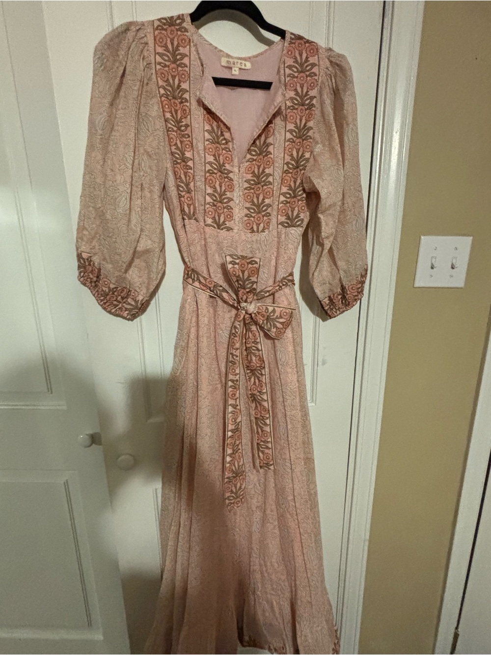 Women's Pink Floral-Trim Maxi Dress with Tie Waist